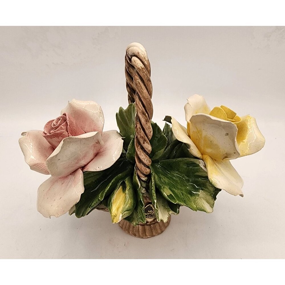 Large Vtg Nuova Capodimonte Fili Savastano Porcelain Roses In A Basket Italy